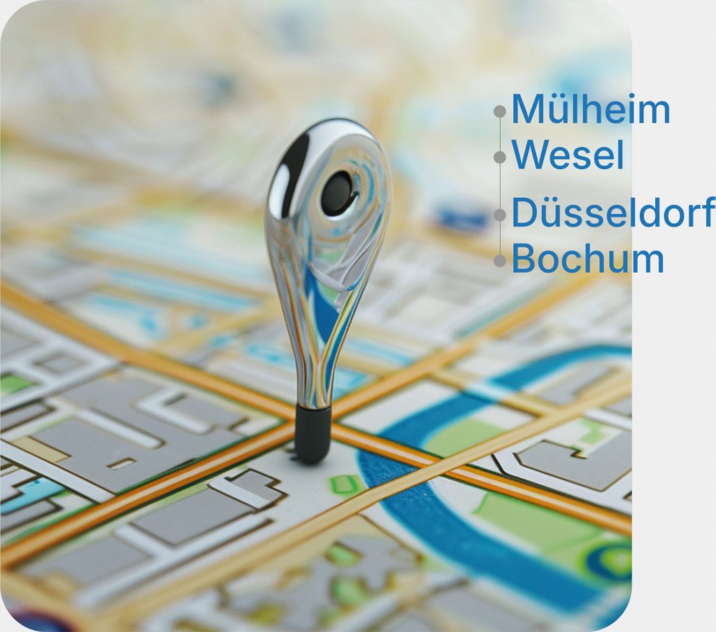 Pin auf einer Karte; Standorte Mülheim, Wesel, Düsseldorf, Bochum